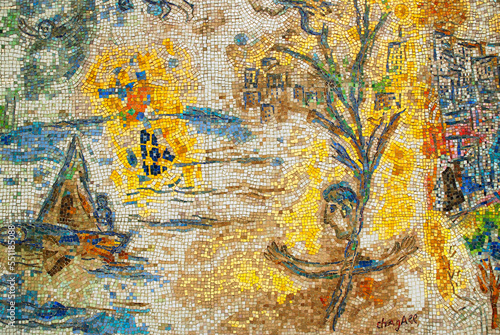 Details of Marc Chagall's mosaic Four Seasons, that is on public display at Chase Plaza in Chicago