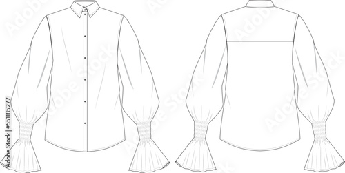 Classic button-down collar shirt with puff sleeve and voluminous cuffs with elastic in white color. Technical drawing. Front and back.