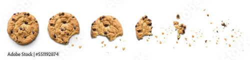 Steps of chocolate chip cookie being devoured