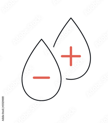Simple medical icon. Sticker with two drops of blood and Rh factor symbols. Positive and negative test. Design element for application. Cartoon flat vector illustration isolated on white background