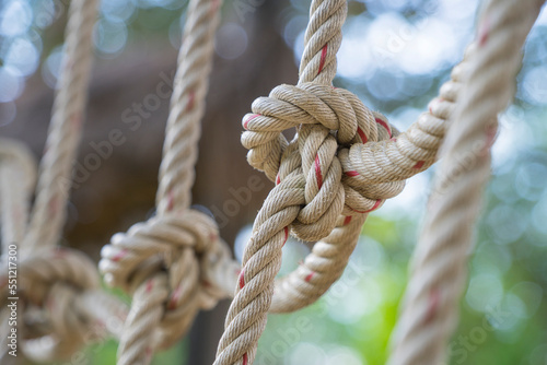 climbing a net Close up climb net rop select focus green nature background.