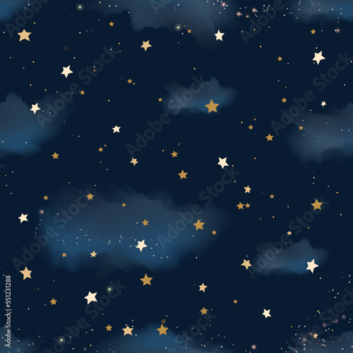 Night sky. Golden stars and clouds. Blue galaxy space with gold sparkles. Starry heaven. Cosmic background for astrology horoscope. Magic night. Starlight glitter. Vector seamless pattern