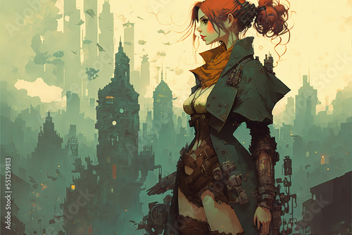 Steampunk Girl, Character Design, Concept Art, Digital Illustration, Cyberpunk Style City, anime girl