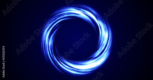 Looped twirl circle of stripes and lines of bright blue beautiful pixels magical energy glowing neon, round frame. Abstract background