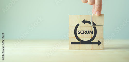 SCRUM, agile development methodology concept. Task sprint teamwork methodology. Adaptable, fast, flexible and effective agile framework. Scrum roles, product owner, scrum master and scrum team.