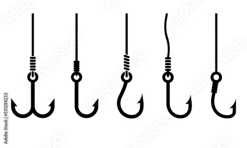 Fishing hook vector icons set. Angler equipment. Black fishing line. Vector 10 EPS.