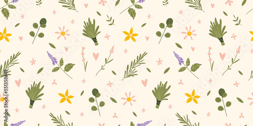 Seamless pattern with essential oil plants and herbs on a light background, cartoon style. Concept of nature aromatherapy. Trendy modern vector illustration, hand drawn, flat