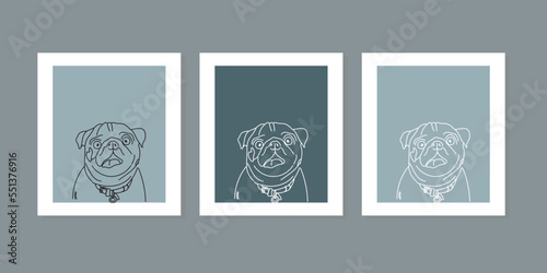 Cute dog portrait, animal continuous line drawing elements set. Serious buldog background decorative element. Vector illustration of pastel color in trendy outline style. Wall art minimalist canvas.