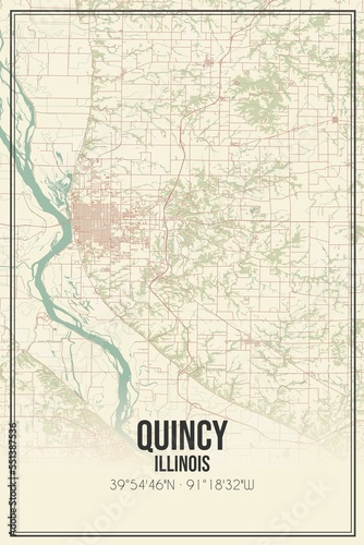 Retro US city map of Quincy, Illinois. Vintage street map.