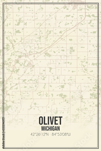 Retro US city map of Olivet, Michigan. Vintage street map.