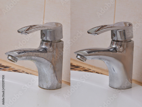 Compare image before- after cleaning with special detergent of the dirty stainless faucet cover with dirty hard calcium water stain in the bathroom. Old dirty faucet with clean and shiny like new.