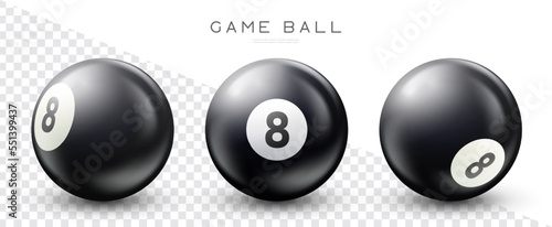 Billiard, black pool ball with number 8 Snooker or lottery ball on transparent background Vector illustration