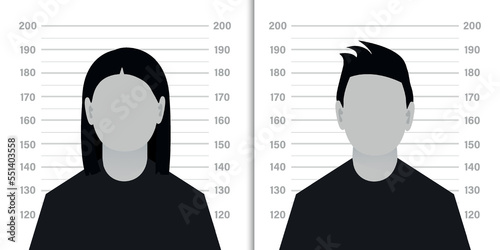 Front view of the suspect silhouette. Silhouette of anonymous man and woman with question mark on background of criminal record or police serial. vector illustration