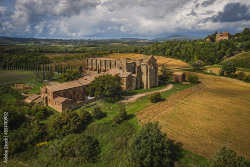 Aerial view of the abbey of San Galgano: is located about 25 miles from Siena, in southern Tuscany, Italy, Siena region - September, 2022