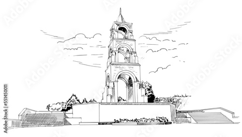 A hand drawn illustration of the martyrdom monument of the 57th regiment, which was martyred in Çanakkale in the 1st world war, from a different angle. Charcoal drawing technique or engraving.