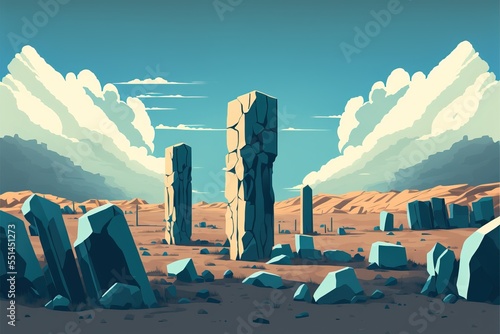 Ancient lost civilization megalithic rock formations and eroded building structures - arid desert landscape void of any life baking in the searing hot midday sun. - generative AI
