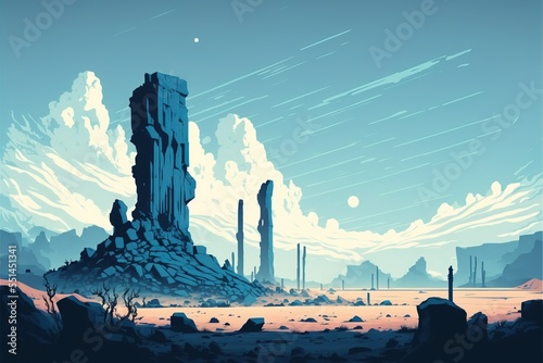 Ancient lost civilization megalithic rock formations and eroded building structures - arid desert landscape void of any life baking in the searing hot midday sun. Generative Ai