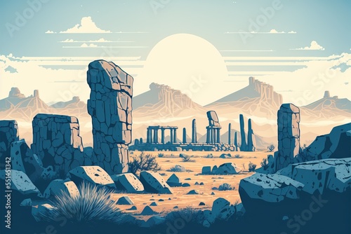 Ancient lost civilization megalithic rock formations and eroded building structures - arid desert landscape void of any life baking in the searing hot midday sun. Generative Ai