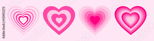 Vector set tunnel romantic hearts in pink colors. Retro background in style 70s, 80s. Concentric hearts isolated icons