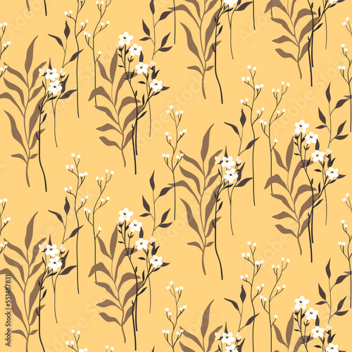 Seamless floral pattern with wild plants in neutral colors. Delicate botanical print, natural flower design with hand drawn branches, small flowers, leaves on a beige background. Vector illustration.