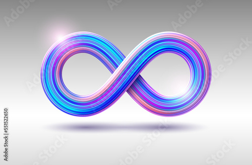 Isolated infinity symbol vector template. Illustration with 3D realistic eternity sign with colored stripes. Colorful wavy volumetric figure eight for logo, branding.