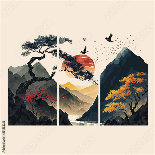 Mountain Canvas Art Print. Traditional watercolor oriental, Japanese style. Vector illustration