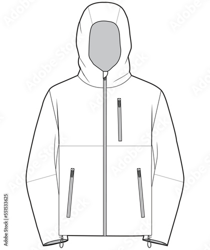 hooded windcheater jacket flat technical cad drawing vector template