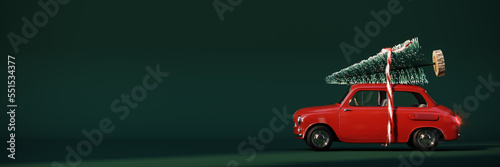 Red retro car with Christmas tree on green background. Christmas is coming concept 3D Rendering, 3D Illustration