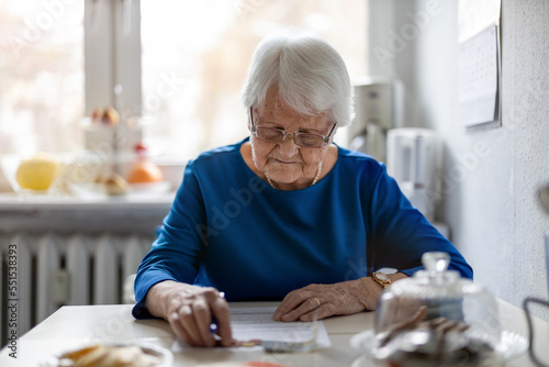 Senior woman filling out financial statements 
