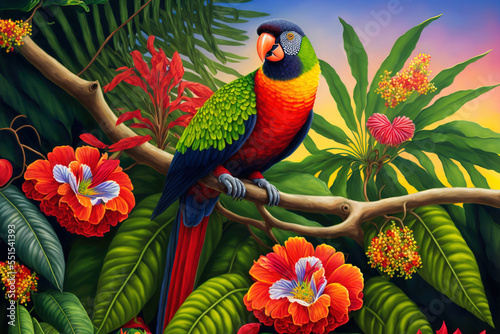 Colorful parrot in exotic jungle full of tropical leaves and large flowers. Amazing tropical floral pattern for print, web, greeting cards, wallpapers, wrappers. 3d illustration 