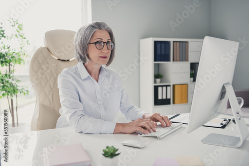 Photo portrait of mature old lady start up executive manager director working sitting bright modern work station typing computer