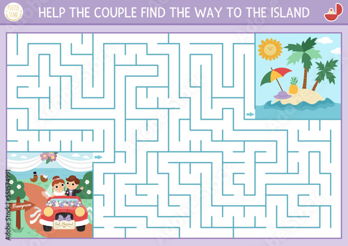 Wedding maze for kids with bride and groom going to honeymoon. Marriage ceremony preschool printable activity. Matrimonial labyrinth game, puzzle. Help couple find the way to the island.