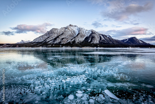 Frozen bubbles in Canadian Rockies, Abraham Lake, Banff National Park
