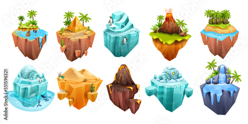 Game island, iceberg, volcano, desert Egypt pyramid, vector isometric 3D floating land, jungle palm. Flying platform waterfall, penguin, summer tropical scene sand dune. Exotic nature game island kit