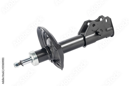 Isolated shock absorber suspension on a white background. Auto part.