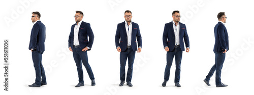 Business man in full growth, standing on a white background. Model man five poses.