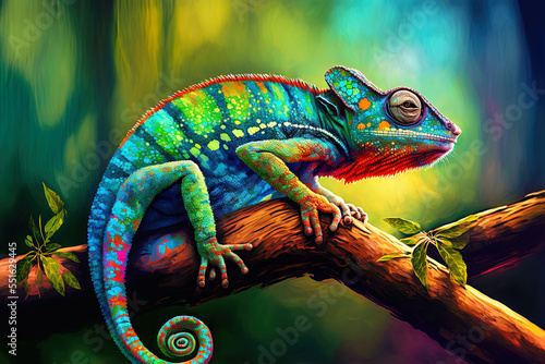 Colorful chameleon panther perched on a branch. Generative AI