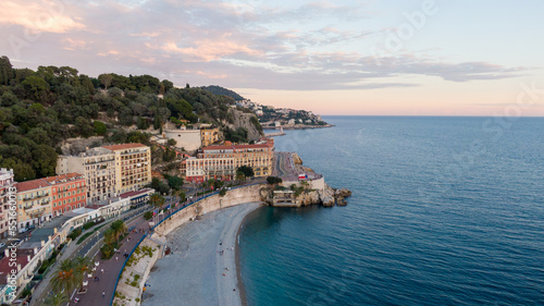 Nice, France Aerial view of coast of sea and city. Buildings in old Town , Drone view 