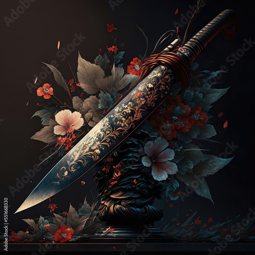 Patterned steel sword. Fantasy. AI