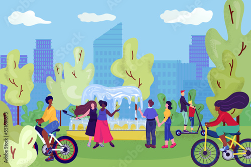 People in city park, on bicycles, having fun near fontain, leisure and rest in summer nature, making selphies with friends vector illustration.