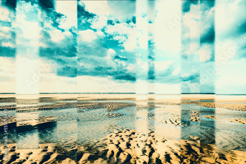 Diffraction, effet fractal sur paysage maritime, plage, sable, ciel, nuages