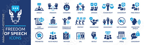 Freedom of speech icon set. Free speech message symbol concept. Democracy, censorship, press, human right icons. Solid icon collection.