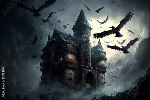 black birds of doom chaotically flying along with dark spirits released from imprisonment in a vampire castle, dark clouds, detailed