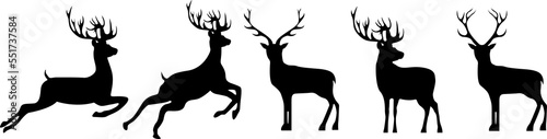 Deer silhouette. Black deer on transparent background. Deer set. New year symbol. PNG image