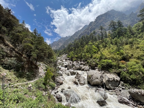 raging , wild , River, Flows, rocks, valley, Watter, mountains, Blue, Sky, Langtang, Trek, Trail, Lantan, Nepal, Nature, beautiful, desktop