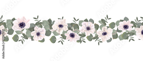 Seamless vector border pattern. White anemones, eucalyptus, green plants and leaves. Elements for wedding design