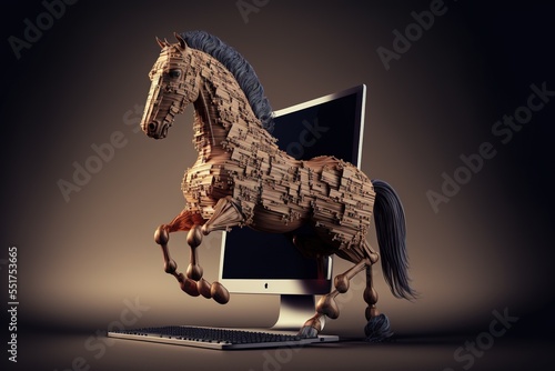Trojan horse virus coming out of computer screen created with generative AI 