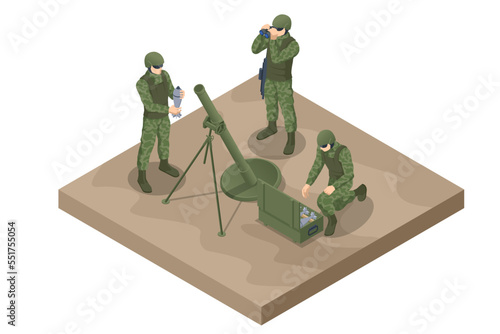 Isometric Soldiers mortar crew. Mortar gun. Special force crew. Mortar Team firing, Army Soldiers. Military concept for army, soldiers and war. Mortar military weapon