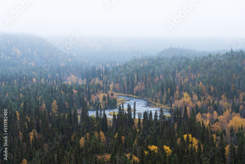 A view to river Kitka (Kitkajoki) and colorful forest during a misty autumn day in Oulanka National Park, Northern Finland