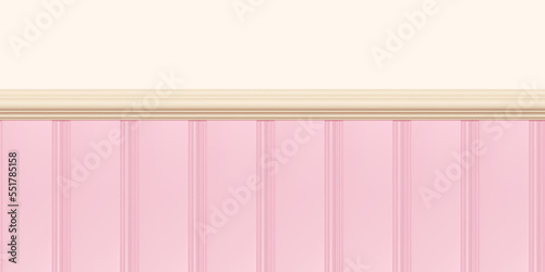 Pink beadboard or wainscot with top chair guard trim seamless pattern on beige wall. Light wood or gypsum embossed baseboard or skirting under vintage wall panels. Vector illustration